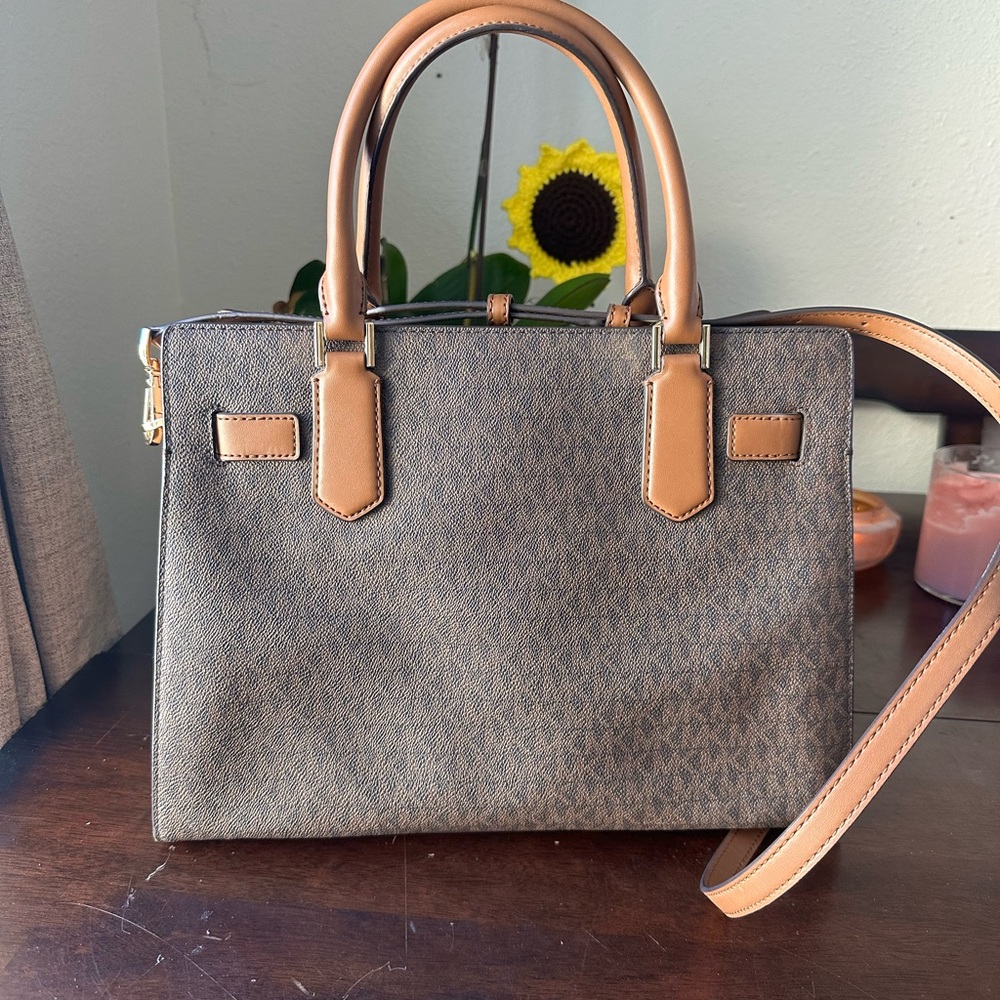 Michael Kors Brown and Tan Diagonal Stripe Leather Satchel - Picture 4 of 16